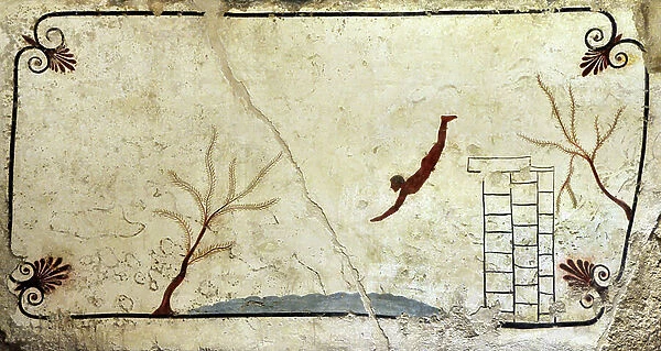 Greek Art: A young swimmer diving. Fresco of the grave of the 'diver'. From the southern cemetery of Paestum. 480-470 BC - Archaeological Museum of Naples, Italy - Museo Archeologico Nazionale, Napoli, Italia - Photo Patrice Cartier