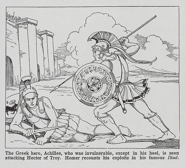 Greek hero, Achilles attacking Hector of Troy (litho)