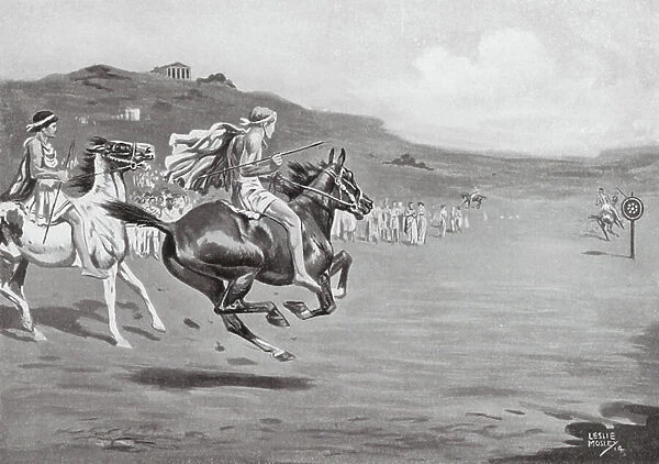 Greek Horsemen throwing the Javelin (litho)