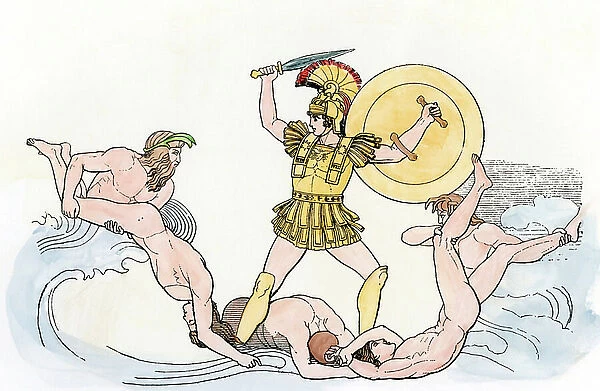 Greek mythology: Achilles fighting against the waves - Colorisee engraving, 19th century - Greek hero Achilles battling in the waves - Hand-colored woodcut of a 19th-century illustration