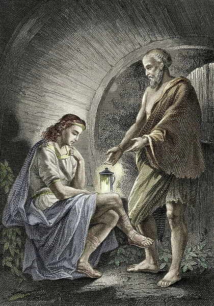 The Greek philosopher Diogenes of Sinope, known as the cynic, (around 413-around 327 BC), facing Alexander the Great sitting near his lantern (Greek philosopher Diogenes of Sinope)