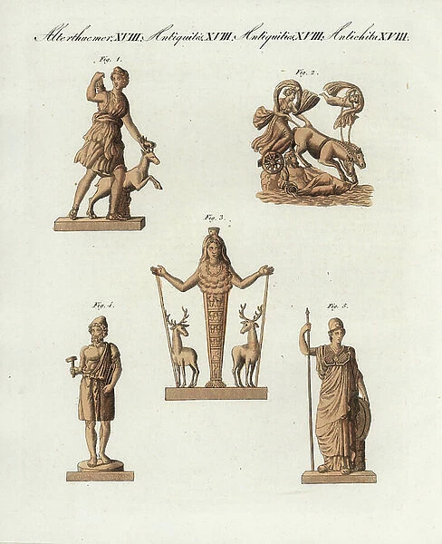 Greek and Roman gods: Diane 1, 2, 3, Vulcan 4, and Minerva 5. Handcoloured copperplate engraving from Bertuch's ' Bilderbuch fur Kinder' (Picture Book for Children), Weimar, 1805