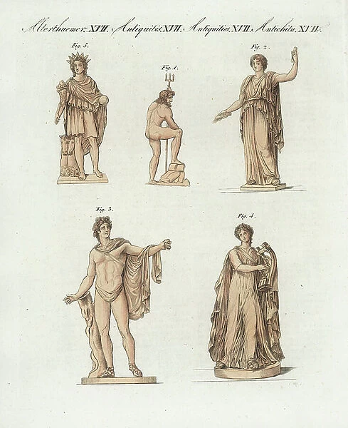 Greek and Roman gods: Neptune 1, Ceres 2, and Apollo 3, 4, 5. Handcoloured copperplate engraving from Bertuch's ' Bilderbuch fur Kinder' (Picture Book for Children), Weimar, 1805