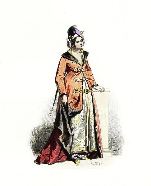 Greek woman, 17th century, Georges de la Chapelle - Handcoloured steel engraving by Hippolyte Pauquet from the Pauquet Brothers ' Foreign Fashions and Costumes Ancient and Modern', Paris, 1865