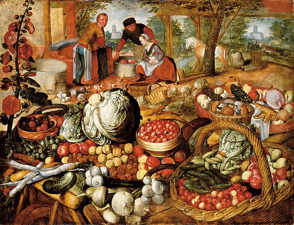 A greengrocers stall with the Flight Into Egypt beyond (oil on panel)