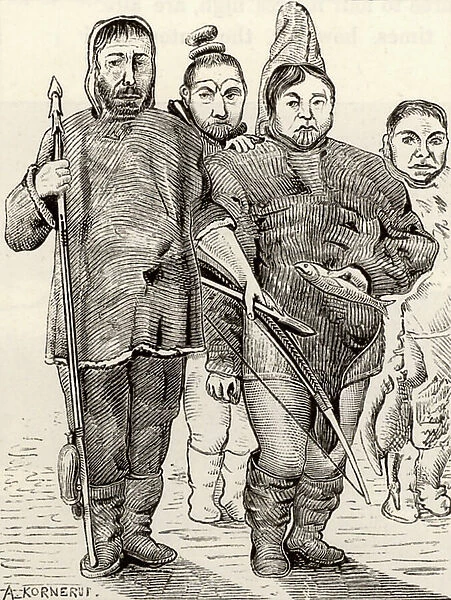 Greenlanders in polar dress made of animal skins