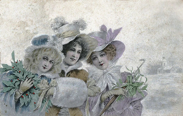 Greeting card depicting three young women (the three graces) in Belle epoque fashion, wearing hats with wide brim, and holding holly in their arms, one of them wears a sleeve. Postcard of 1900