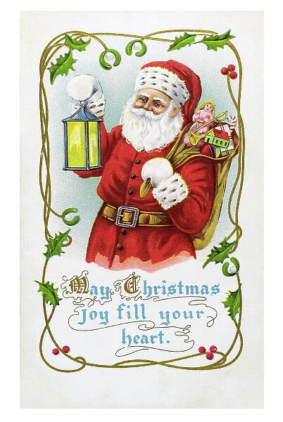 Greeting card with Pere Noel holding a lantern and toy hood