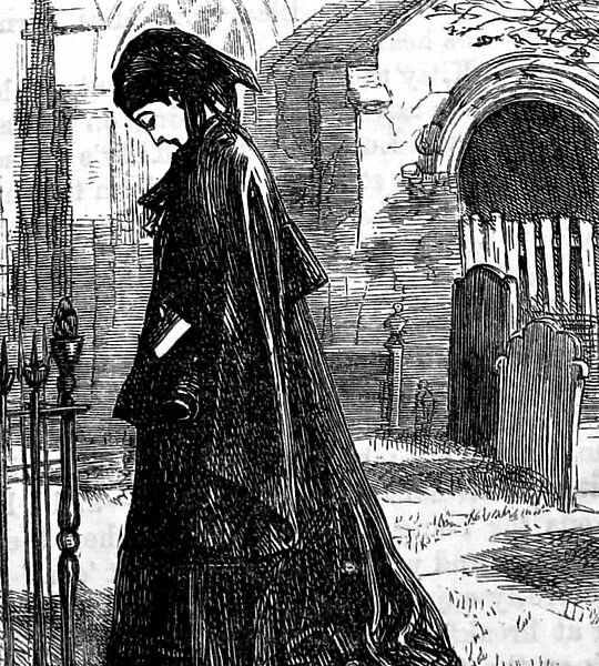 A grieving woman walking through a churchyard, 1850