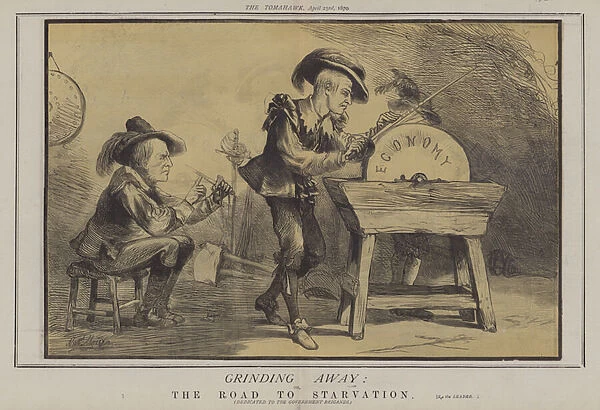 Grinding Away; or, The Road to Starvation (colour litho)