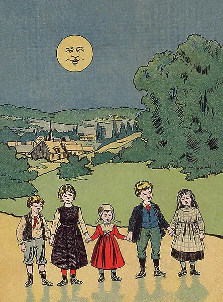 Group of children watched over by the Man in the Moon (coloured engraving)