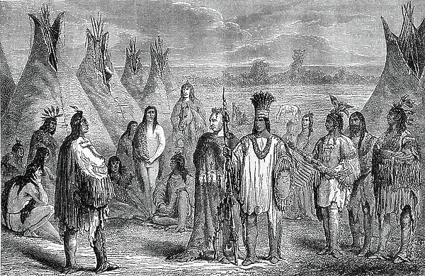 Group of Delawares Indians in their tipi camp. Engraving attributed to Janet Lange, circa 1870. Illustration of the 1888 Hachette edition of the book 'The Last of the Mohicans', after Fenimore Cooper