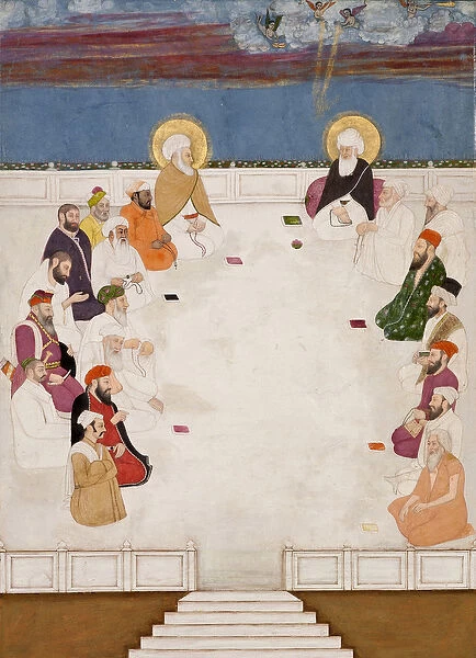 A group of Indian saints and holy men, including Mullah Shah and Aurangzeb, seated, c