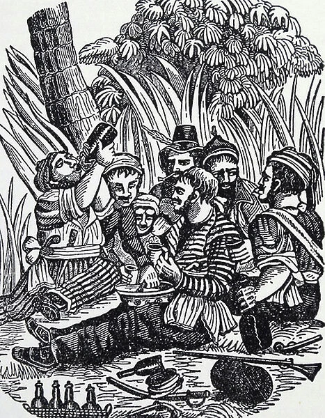 Group of pirates take a meal during a rest on the West African Coast, 18th century (engraving)