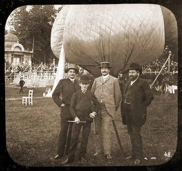 Group portrait in front of a captive balloon, Berlin, c. 1850 (sepia photo)