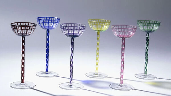 A group of wine glasses in various colours, c. 1907 (glass)
