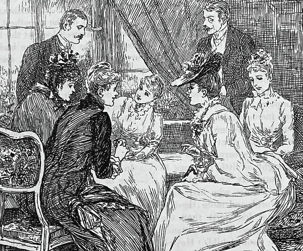 A group of young women gossiping during afternoon tea, 1850