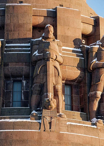 Guardian figures, Voelkerschlachtdenkmal on a winter's day with snow, Leipzig, Saxony, Germany, Europe, 2024 (photo)