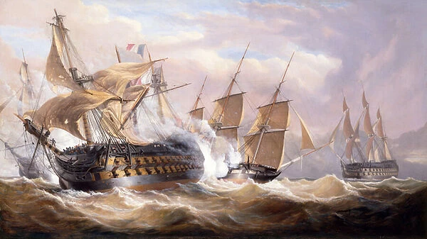 The Guillaume Tell being Engaged by the H. M. S. Penelope and H. M.s Loin of Malta during the Blockade, 30th March 1800 (oil on canvas)