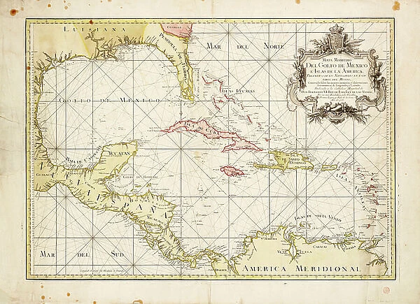 Gulf of Mexico chart by de la Cruz, 1755 (coloured engraving)