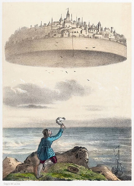 Gulliver waves his handkerchief to get the attention of the people fishing and looking down from the flying island of Laputa. From a French version of Gulliver's Travels by Jonathan Swift published in 1875
