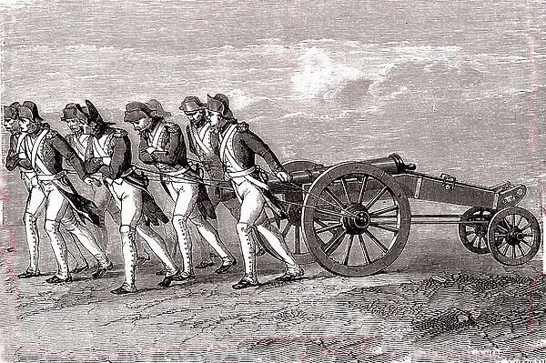 Gunners dragging a cannon, 16 th century. Engraving, 1869