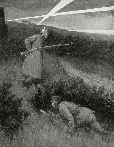 A Gurkha, Indian allies during World War One, creeps up on an unsuspecting German sentry (litho)
