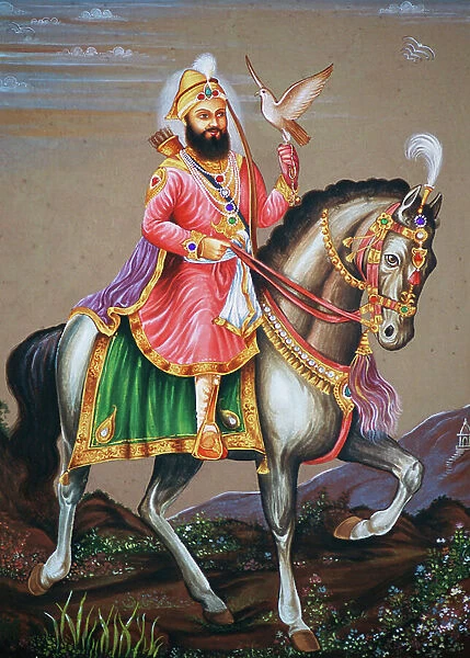 Guru Govind Singh Riding on Horse Miniature Painting on Paper