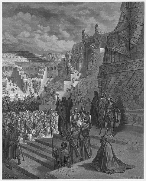 Gustave Dore Bible: Artaxerxes granting liberty to the Jews (engraving)