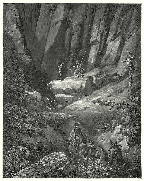Gustave Dores Don Quixote: 'They went on for about three quarters of a league, and then among the rocks they spied Don Quixote, who had by this time put on his clothes, though not his armour'(engraving)