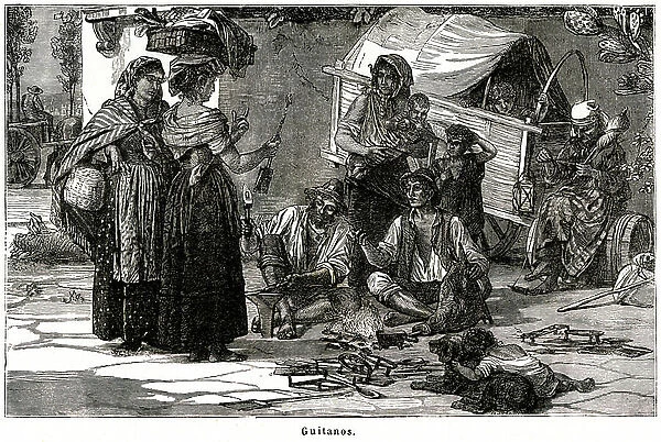 Gypsies camp (Guitanos, Gitanos, Bohemians, Gypsies, Zigeuner, Romanichels, Roma, Gypsies, Gypsies...) - illustration of the book ' Mores and Characters of Peoples', edition 1884 - extract from the text: 'There are many in Catalonia