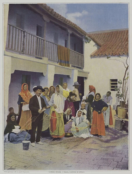 Gypsy weavers at Triana, a suburb of Seville (colour litho)