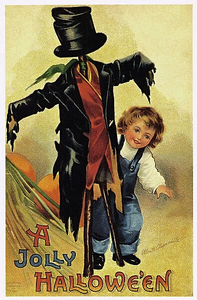 Halloween 'A Jolly Hallowe'en' A child hidden behind a scarecrow. American postcard from the early 1900s