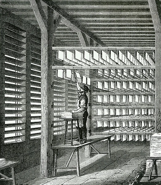 Hanging up sheets of handmade paper to dry. Engraving c1870