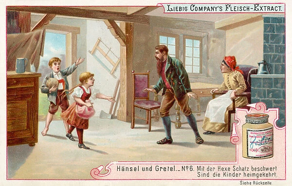 Hansel and Gretel: Hansel and Gretel return home after escaping from the witch (chromolitho)