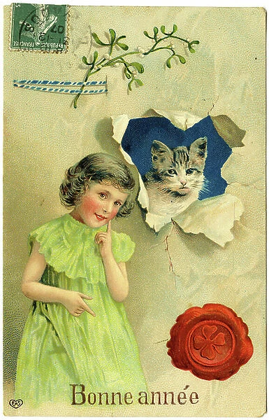 Happy New Year: girl with cat, mistletoe and seal with a four-leaf trefle. Postcard beginning of the 20th century
