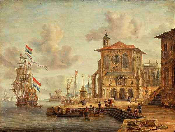 Harbour scene with medieval building, 1674 (oil on canvas)
