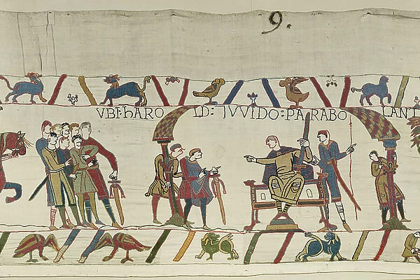 Harold and Count Guy of Ponthieu talking together at Beaurain, Bayeux Tapestry (wool embroidery on linen)