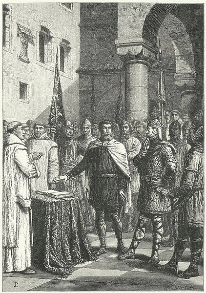 Harold Godwinson swearing an oath promising to support William of Normandys claim to the English throne, 1064 (engraving)