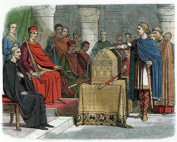 Harold II (1020-1066) last Anglo-Saxon King crown in 1064, sworn in on sacred relics before William I the Conquerant to support his cause in the throne of England at the death of Edward the confessor