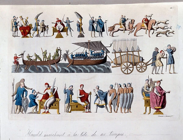 Harold II marchant a la tete de ses troupes - in 'Le costume ancien et moderne'by Ferrario, ed. Milan, 1819-20 - Harold II c. 1022-66 leading his troops and other scenes from the Bayeux