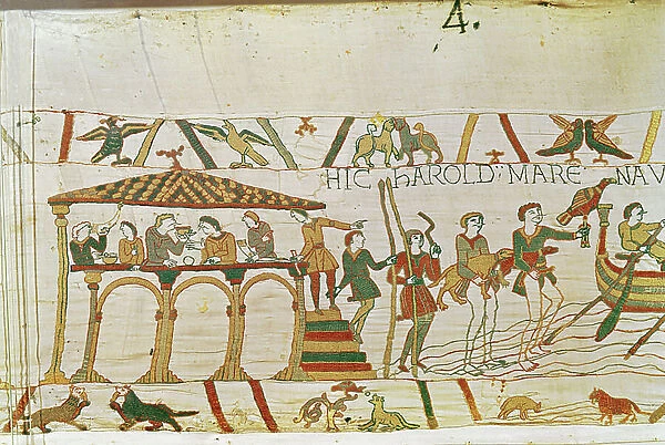 Harold and his men feast at his house in Bosham then sail for Normandy, Bayeux Tapestry (wool embroidery on linen)