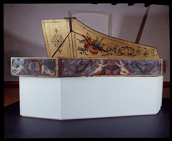 Harpsichord. Detail of the bottom band. After restoration. Work by Jean Denis II (17th century), 1648. Dim: 260x72, 1cm. Musee de l'hospice Saint-Roch, Issoudun (Enter the collections in 1911. M.H. class in 1986). Mandatory mention