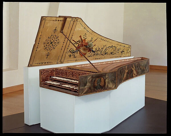 Harpsichord. Work by John DENIS II (17th century), 1648. Body size: 206x76, 3x26cm and door size: 72x22 cm. Musee de l'hospice Saint-Roch, Issoudun (M.H. class in 1987). Mandatory mention