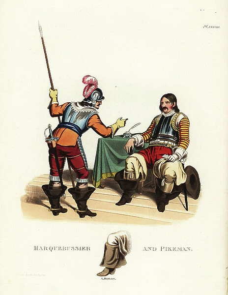 Harquebussier and pikeman, 1640. Pikeman in helmet and cuirass, doublet, breeches, boots, holding a pike. Officer of pistoliers in cuirasset, doublet, breeches, boots with large linen guards