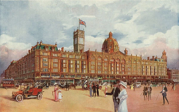 Harrods, showing the Coronation Tower being added to commemorate the coronation of King George V (colour litho)