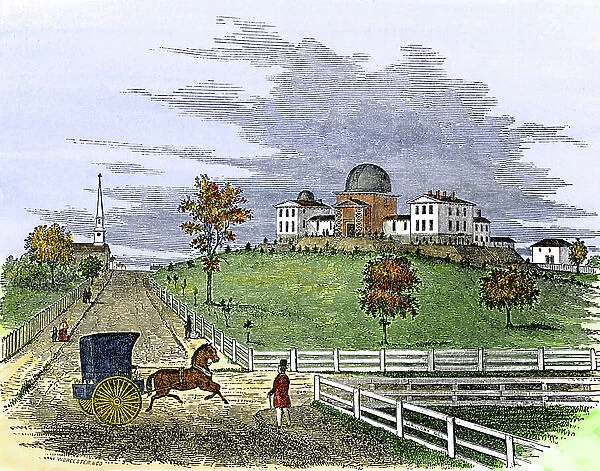Harvard Astronomical Observatory in Cambridge, Massachusetts, United States, 1851. Colour engraving of the 19th century