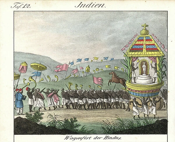 Harvest Feast in India, Pongal or Tamizar Thirunal or Makar Sankranti, a ritual ceremony of graces, a large propriatory chariot is drawn by the men of the procession, with flag bearers, dancers and musicians