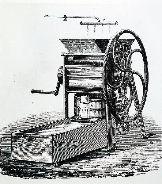 Hauducoeur's hand-powered machine for mixing and blending butter, 19th century (engraving)