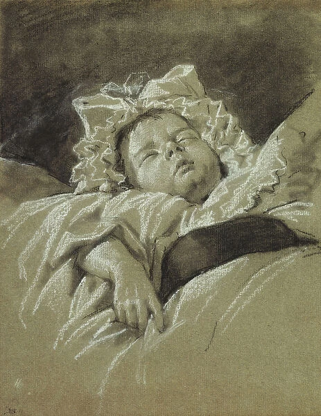 The Head of a Sleeping Child, (black and white chalk on brown paper)